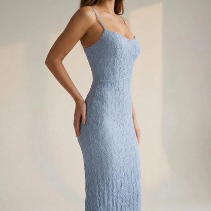 Formal Blue Bodycon Slip Midi Dress for Women, Sleeveless Sheath, High Stretch Knit, Lace Trim, Occasion Wear, Summer, Viscose Polyester — lifestyle_lead