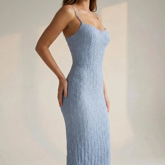 Formal Blue Bodycon Slip Midi Dress for Women, Sleeveless Sheath, High Stretch Knit, Lace Trim, Occasion Wear, Summer, Viscose Polyester — lifestyle_lead