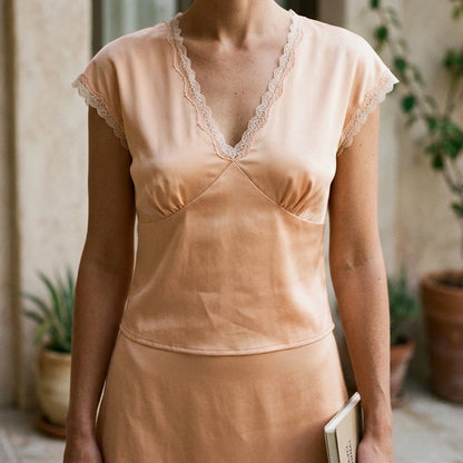 Elegant Ruched V Neck Tee Top for Women, Cap Sleeve, Short Sleeve, Daily Basic, Satin Polyester, Summer, Apricot, No Stretch — lifestyle