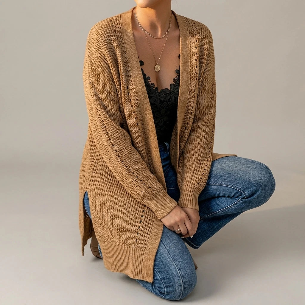 Apricot Drop Sleeve Cable Knit Cardigan with Slits — lifestyle