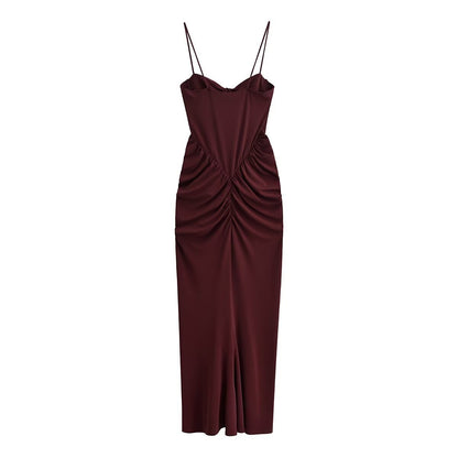 Dark Red Wrinkled Corset Dress for Women, Long Sleeveless Summer Dress, Pullover Polyester, Effortless Style