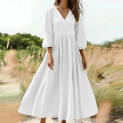 Black V-Neck Long Pleated Dress, Cotton Linen Loose Fit, Three-Quarter Sleeve, Casual Spring — variant_front
