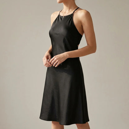 Chic Black Slip Halter Midi Dress for Women, A-Line, Sleeveless, Natural Waist, Prom, Special Occasion, Summer Spring, Slight Stretch, Polyester — lifestyle