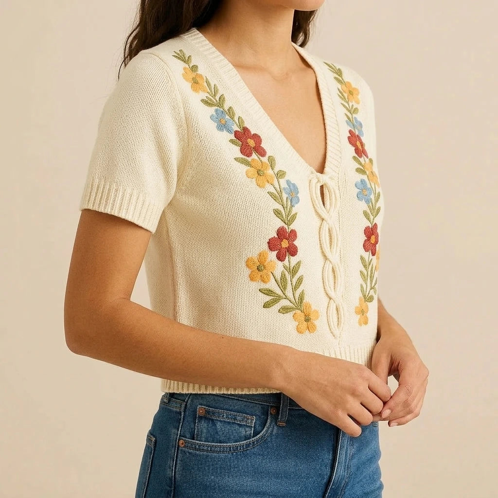 Casual Floral Embroidery Sweater Top Women’s V Neck Short Sleeve Daily Wear Hip Length Medium Stretch Apricot Polyester Spandex Spring Summer — lifestyle