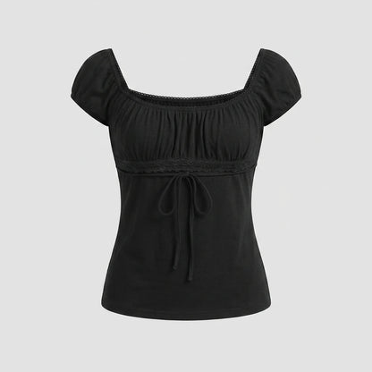 Elegant Lady Square Collar T-shirt Kawaii Bow Short Sleeve Pullovers Tees Y2K Vintage Fairy Grunge Women Crop Top Retro Clothes — variant_front