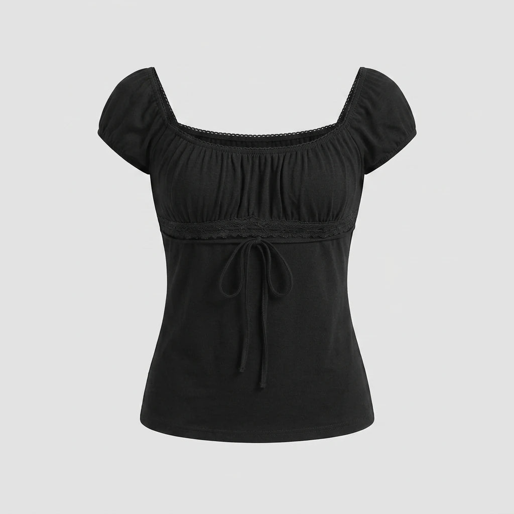 Elegant Lady Square Collar T-shirt Kawaii Bow Short Sleeve Pullovers Tees Y2K Vintage Fairy Grunge Women Crop Top Retro Clothes — variant_front