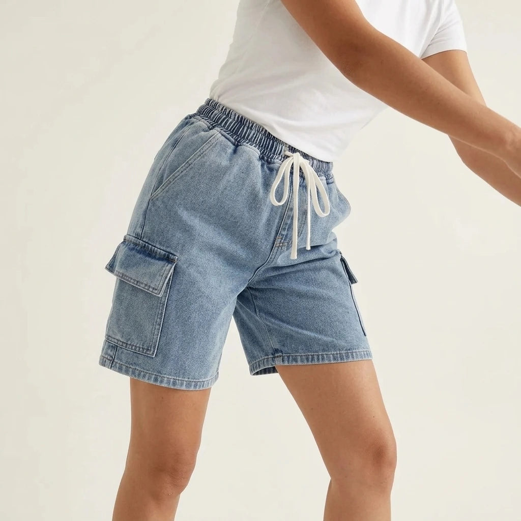 Drawstring Denim Shorts with Pockets — variant_front