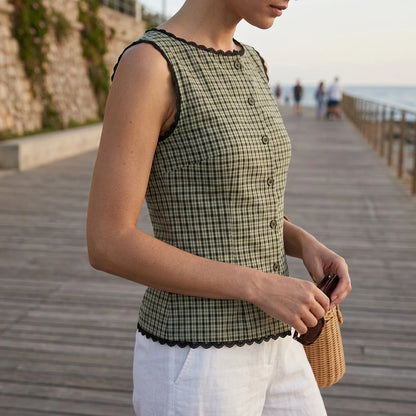 Retro Apricot Plaid Tank Top Women’s Sleeveless Boat Neck Contrast Tie Detail Daily Summer Hip Length Polyester No Stretch — lifestyle