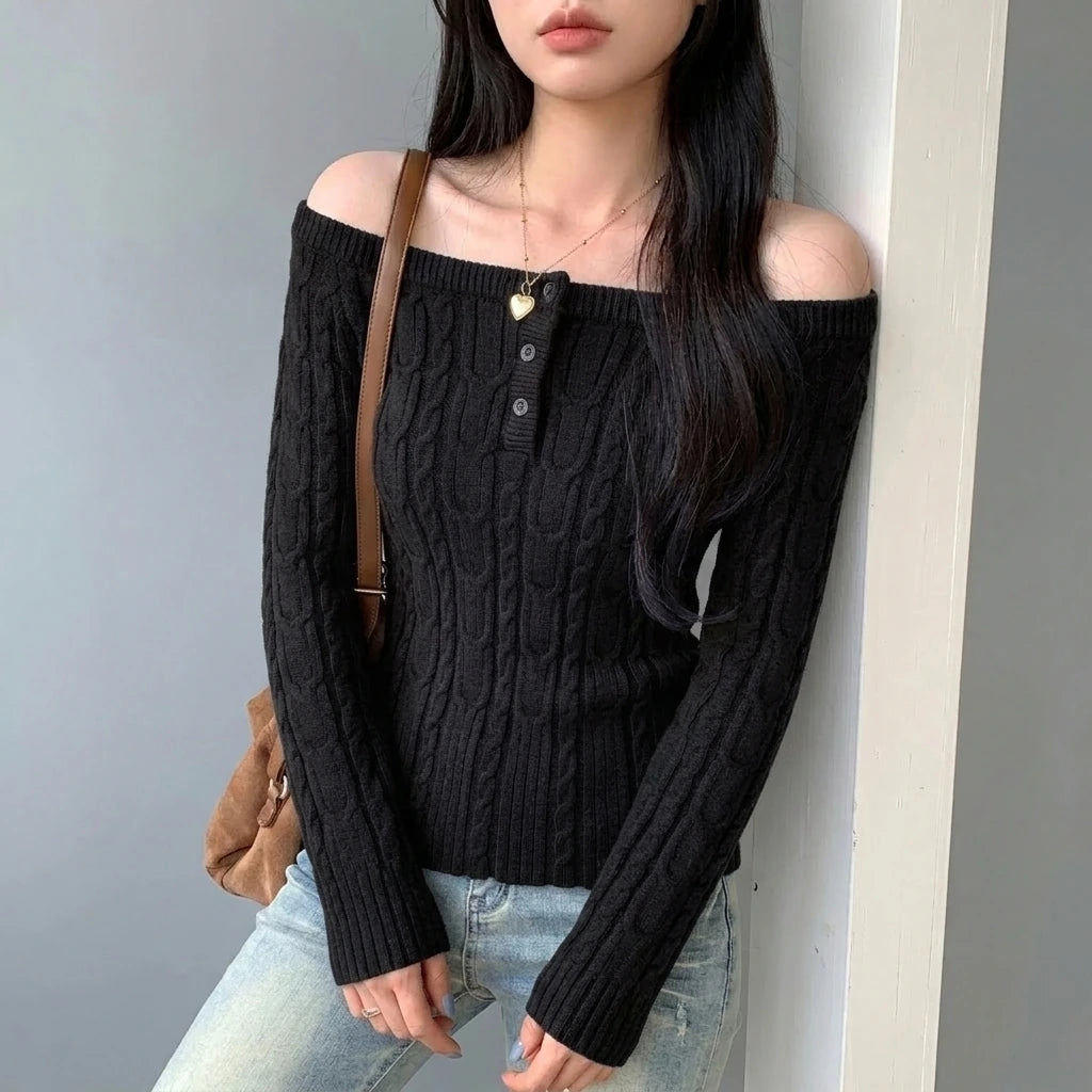 Chunky Knit Off-Shoulder Grey Sweater Top for Women, Long Sleeve, Short Length — variant_front