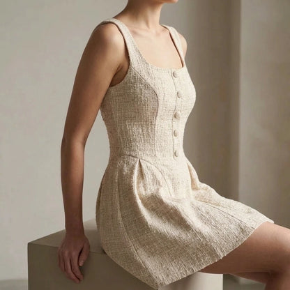 Formal Apricot Textured Mini Dress for Women, Sleeveless Skater A-Line, Ruched Square Neck, Graduation Party, Natural Waist, No Stretch — lifestyle