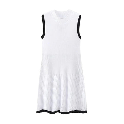 Knitted mini dress fashionable round neck pleated A-line dress — variant_front