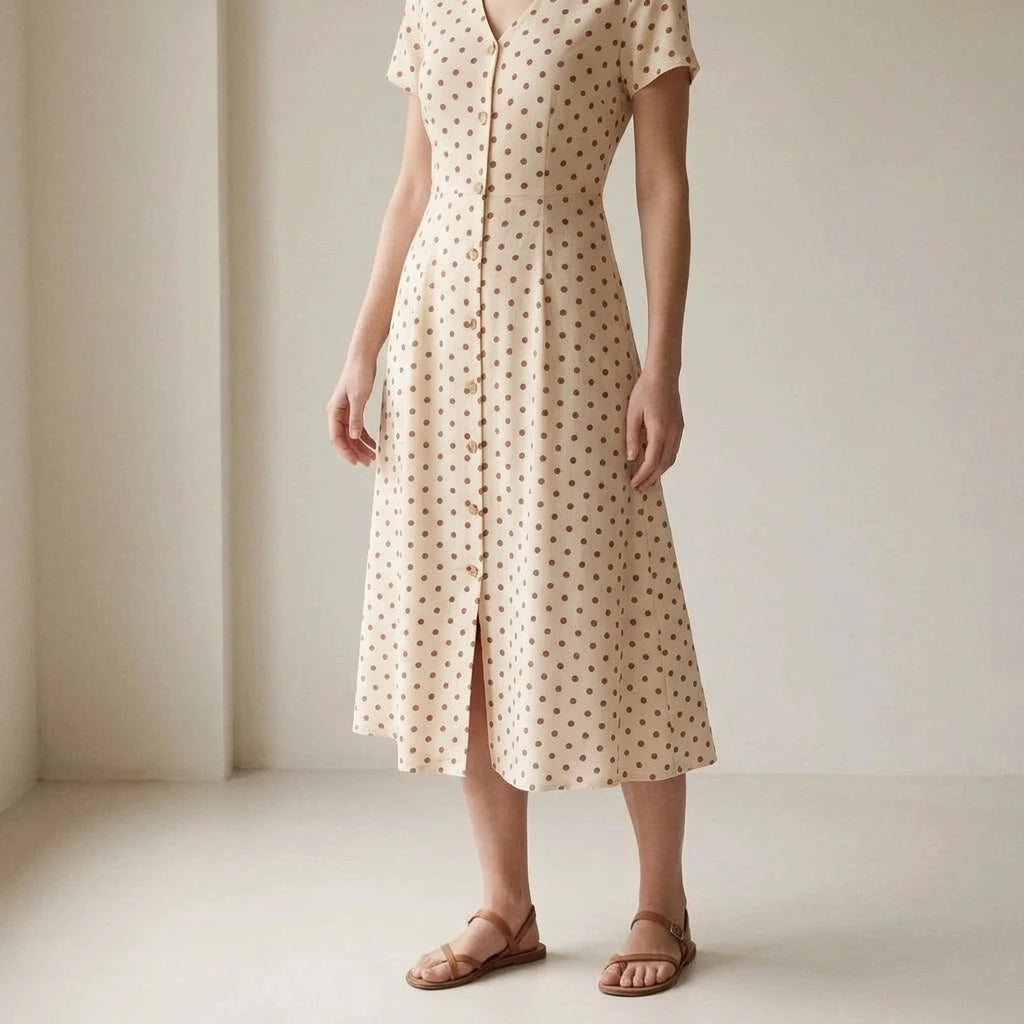 Modern A Line Polka Dot Midi Dress for Women, V Neck, Short Sleeve, Slit, Casual Brunch, Summer, Beige — lifestyle