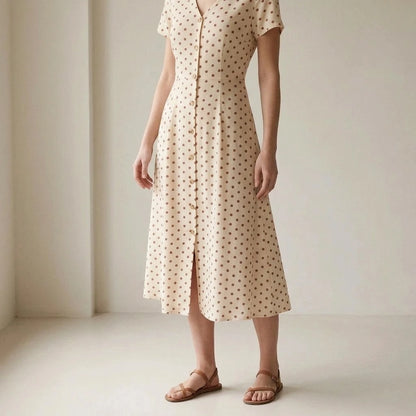 Modern A Line Polka Dot Midi Dress for Women, V Neck, Short Sleeve, Slit, Casual Brunch, Summer, Beige — lifestyle
