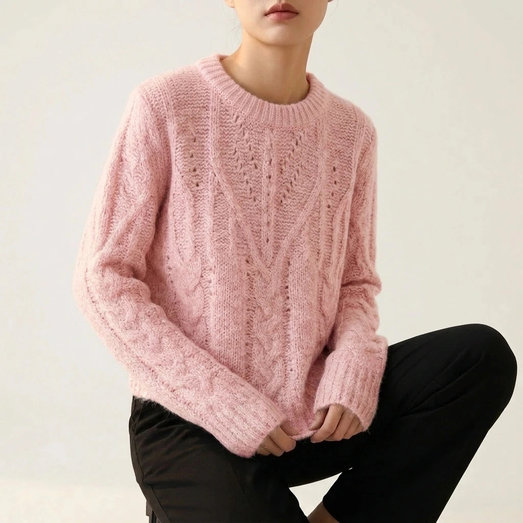 Sweater Women Soft Chunky Cable Knit Hollow Out Round Neck Sweet Candy Color Pullover sweater — variant_front