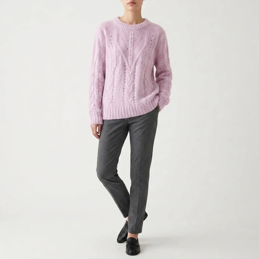 Sweater Women Soft Chunky Cable Knit Hollow Out Round Neck Sweet Candy Color Pullover sweater — variant_front