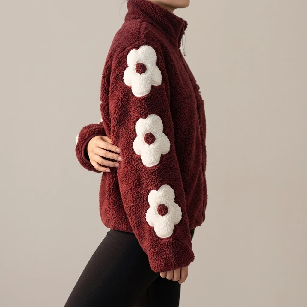 Autumn and Winter Puff Flower Patch Embroidery Half High Collar Zipper Shake Fleece Teddy Coat — lifestyle