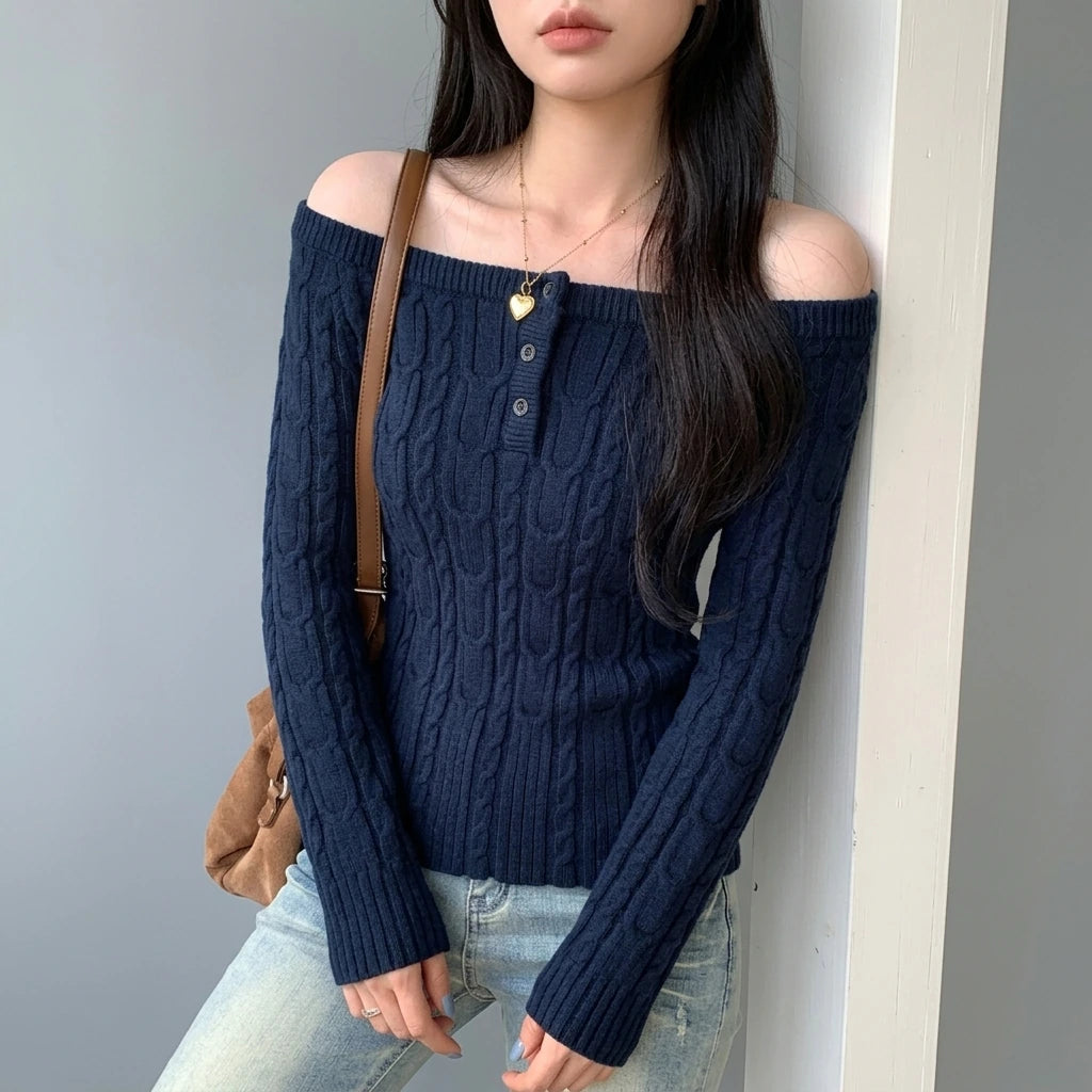 Chunky Knit Off-Shoulder Grey Sweater Top for Women, Long Sleeve, Short Length — variant_front