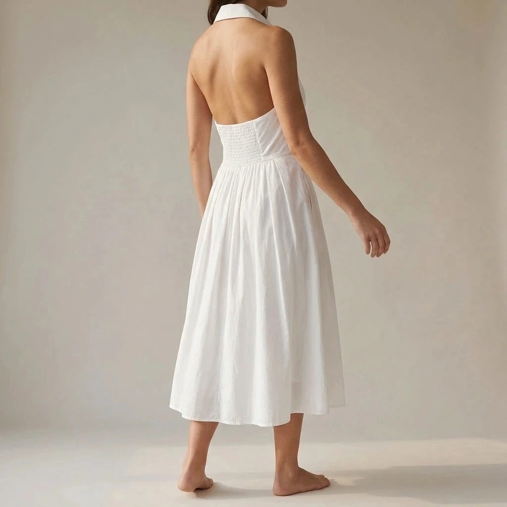 White Shirred Backless Midi Dress Women's High Waist Sleeveless A-Line 50% Viscose Summer Casual Office Wear Wedding Guest White — lifestyle_lead