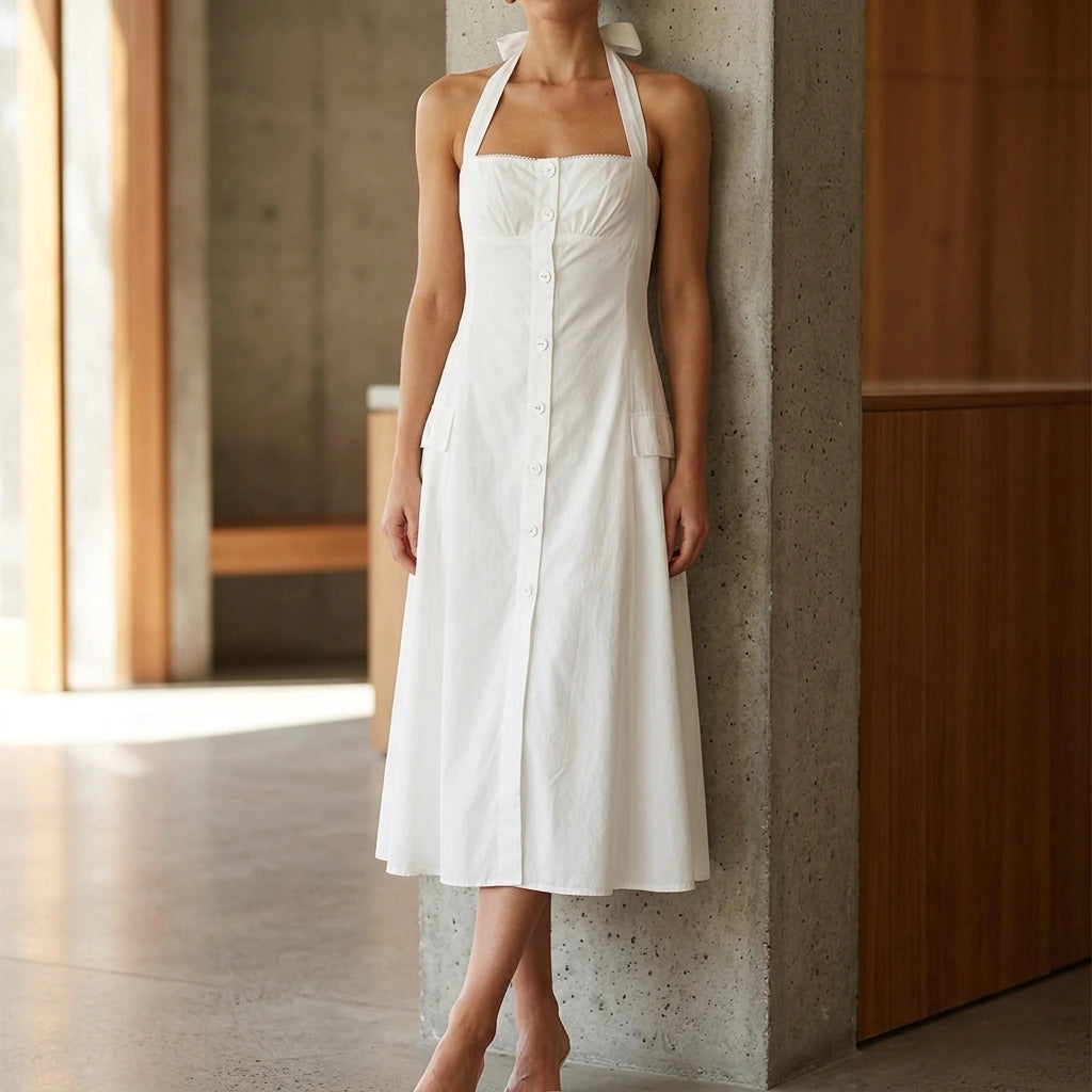 Vintage style neck button up mid length dress — lifestyle