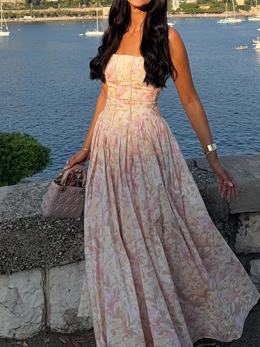 Copy of White Printed Strapless Maxi Dress Backless Fitted Summer Elegant Polyester