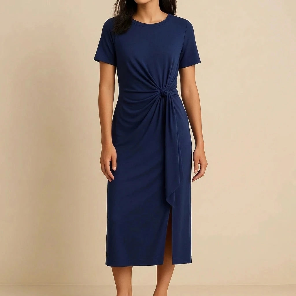 Elegant Blue Ruched Sheath Maxi Dress for Women, Short Sleeve, Knit, Casual Daily Wear, Natural Waisted, Summer, Polyester — lifestyle