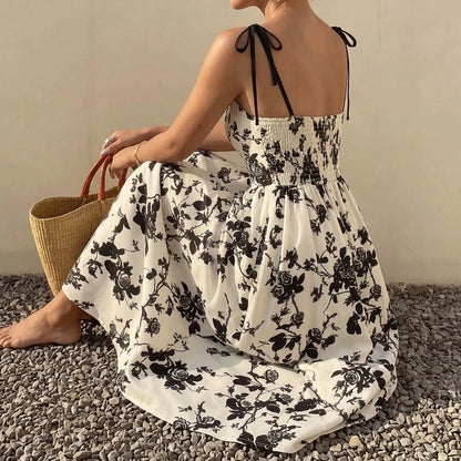 Beige Floral A-Line Swing Dress, Waist Cinching Suspender, Sleeveless Elegant Style, Summer Polyester — lifestyle