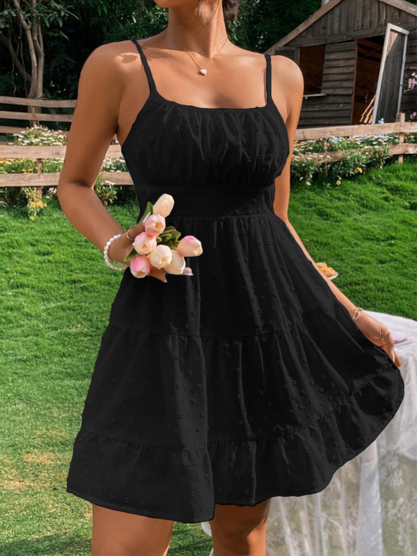 Swiss Dot Print Strap Dress for Women Summer Mini Umbrella Skirt, High Waist Polyester Camisole, Elegant Casual Clothing