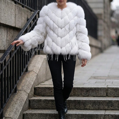 Fox fur coat women's fur car stripe tassel short V-neck — lifestyle