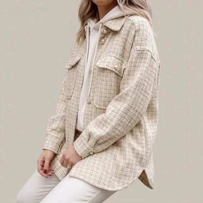 Women Blazer Tweed Shirts Plaid Oversized Jacket Casual Button Up Jacket Ladies Long Sleeve Women Casual Blazer Tops Beige Shirt — lifestyle