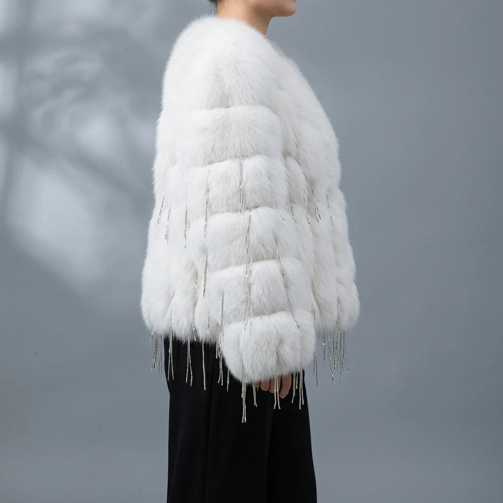 Fox fur coat women's fur car stripe tassel short V-neck — lifestyle