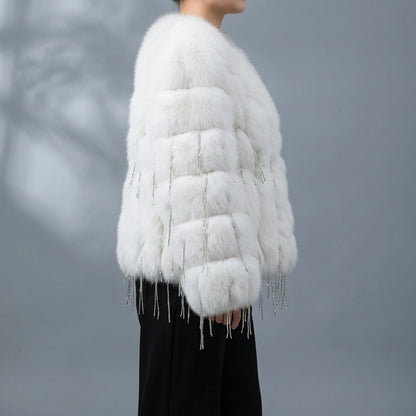 Fox fur coat women's fur car stripe tassel short V-neck — lifestyle