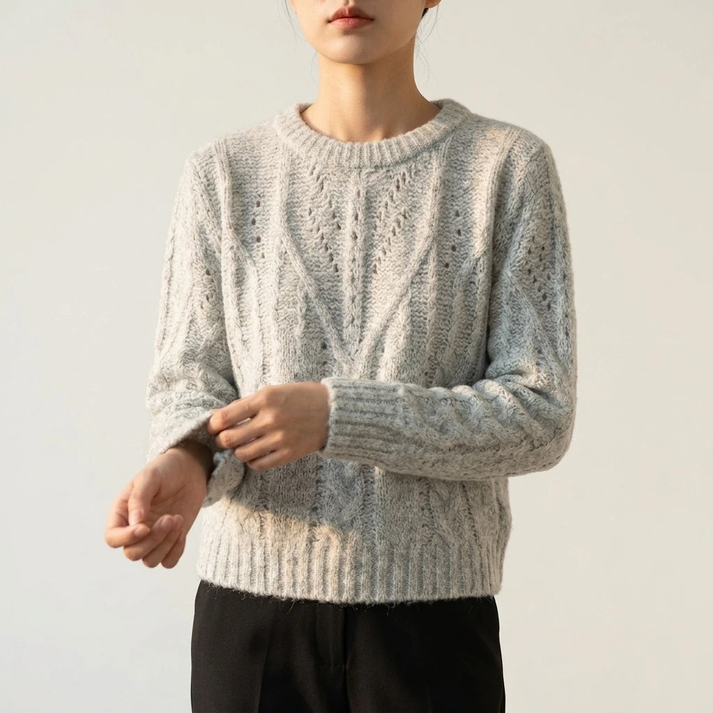 Sweater Women Soft Chunky Cable Knit Hollow Out Round Neck Sweet Candy Color Pullover sweater — variant_front