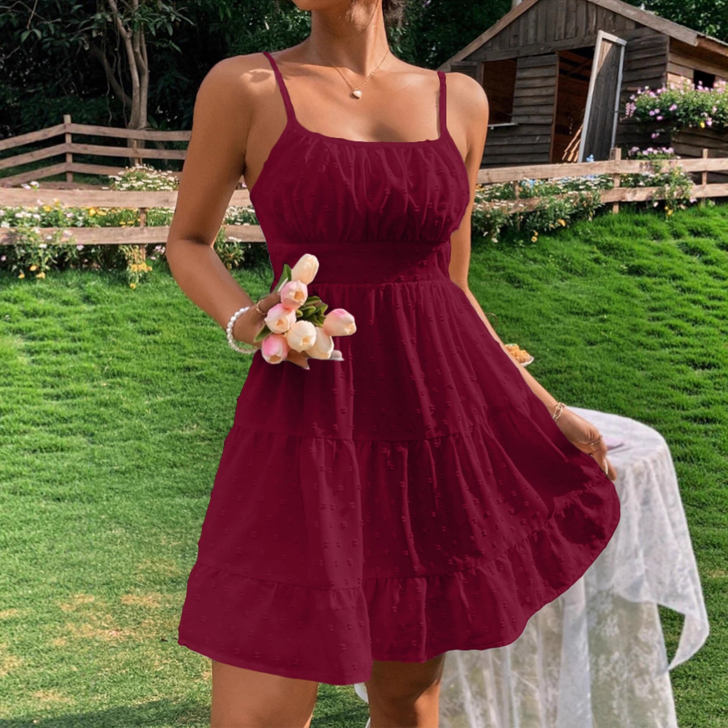 Swiss Dot Print Strap Dress for Women Summer Mini Umbrella Skirt, High Waist Polyester Camisole, Elegant Casual Clothing