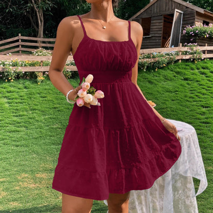 Swiss Dot Print Strap Dress for Women Summer Mini Umbrella Skirt, High Waist Polyester Camisole, Elegant Casual Clothing