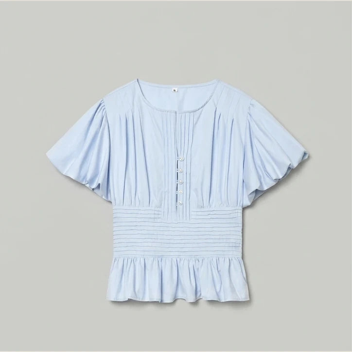 MUJER Blue Ruffle Blouses for Women Puff Sleeve Woman Blouses and Tops Summer Casual Crop Top Woman Fashion Woman Blouse 2026 — product_only_front