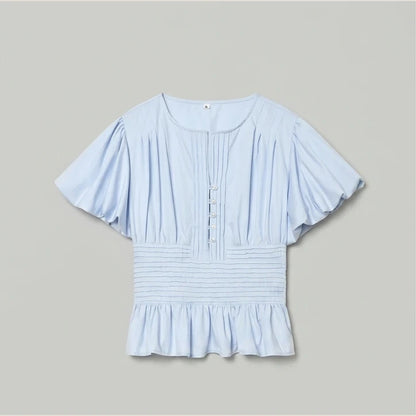 MUJER Blue Ruffle Blouses for Women Puff Sleeve Woman Blouses and Tops Summer Casual Crop Top Woman Fashion Woman Blouse 2026 — product_only_front