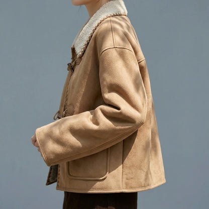 Faux Suede Shearling Coat for Women Winter Short Length Thickened One-Piece Fur and Leather Jacket — lifestyle