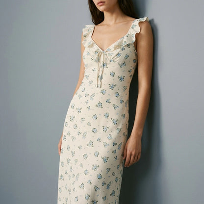 Holiday style floral ruffle edge sleeveless dress — lifestyle