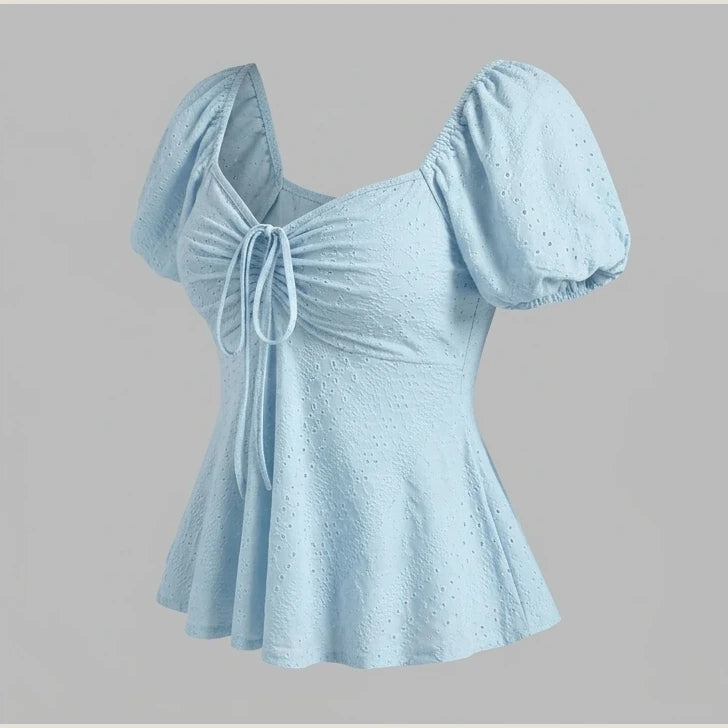 2026 Women Y2k Summer Tops V-Neck Drawstring Sexy Lace Up Short Sleeve Solid Color Shirts Female Elegant Casual Fashion Blouses — product_only_back