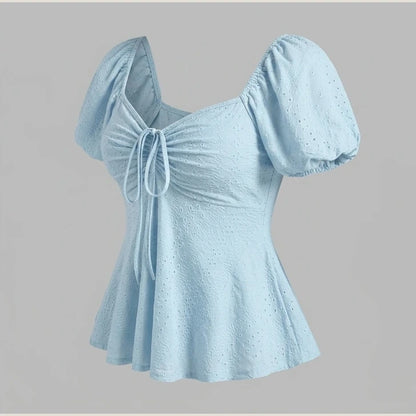 2026 Women Y2k Summer Tops V-Neck Drawstring Sexy Lace Up Short Sleeve Solid Color Shirts Female Elegant Casual Fashion Blouses — product_only_back