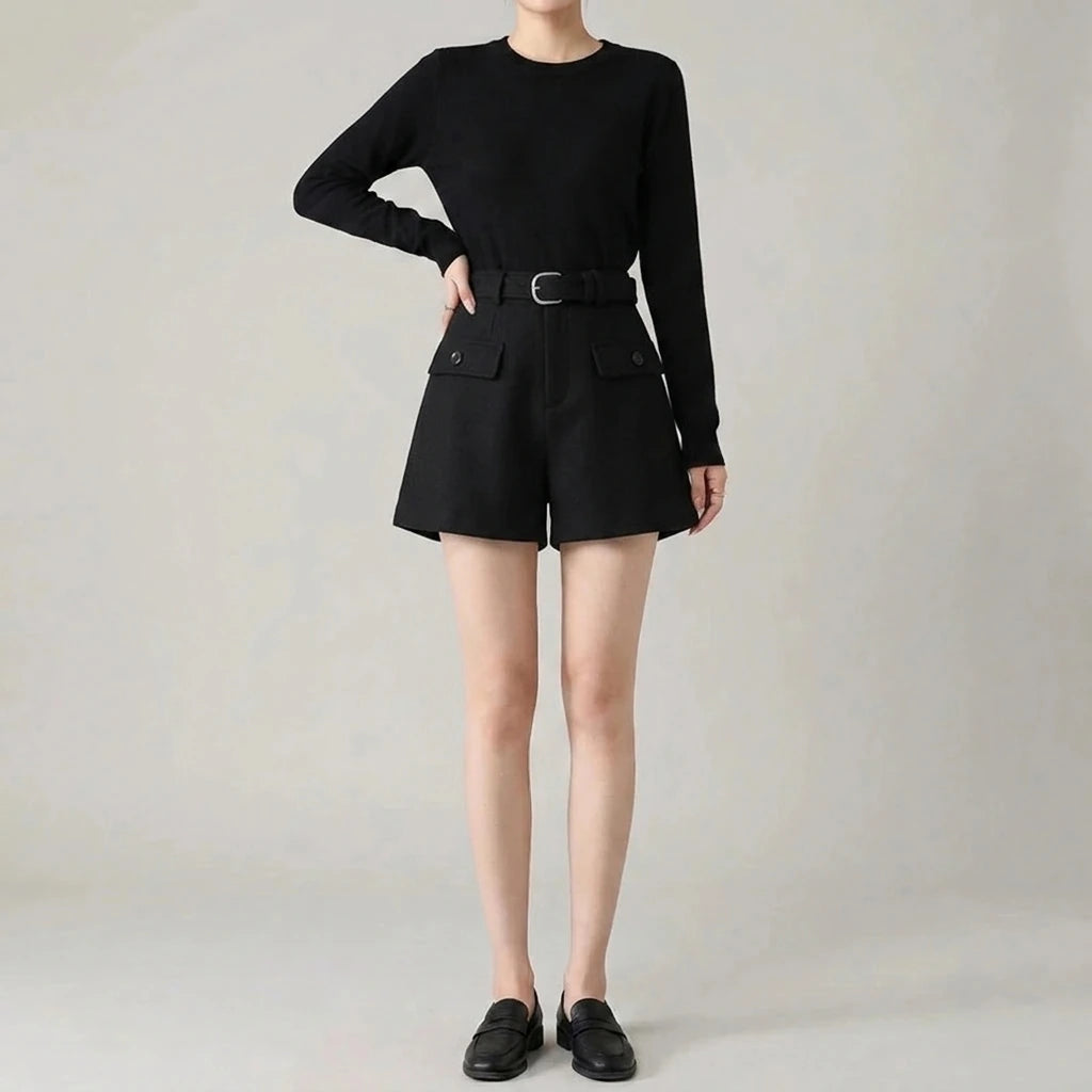Solid Color Casual Shorts for Women High Waist Woolen — variant_front