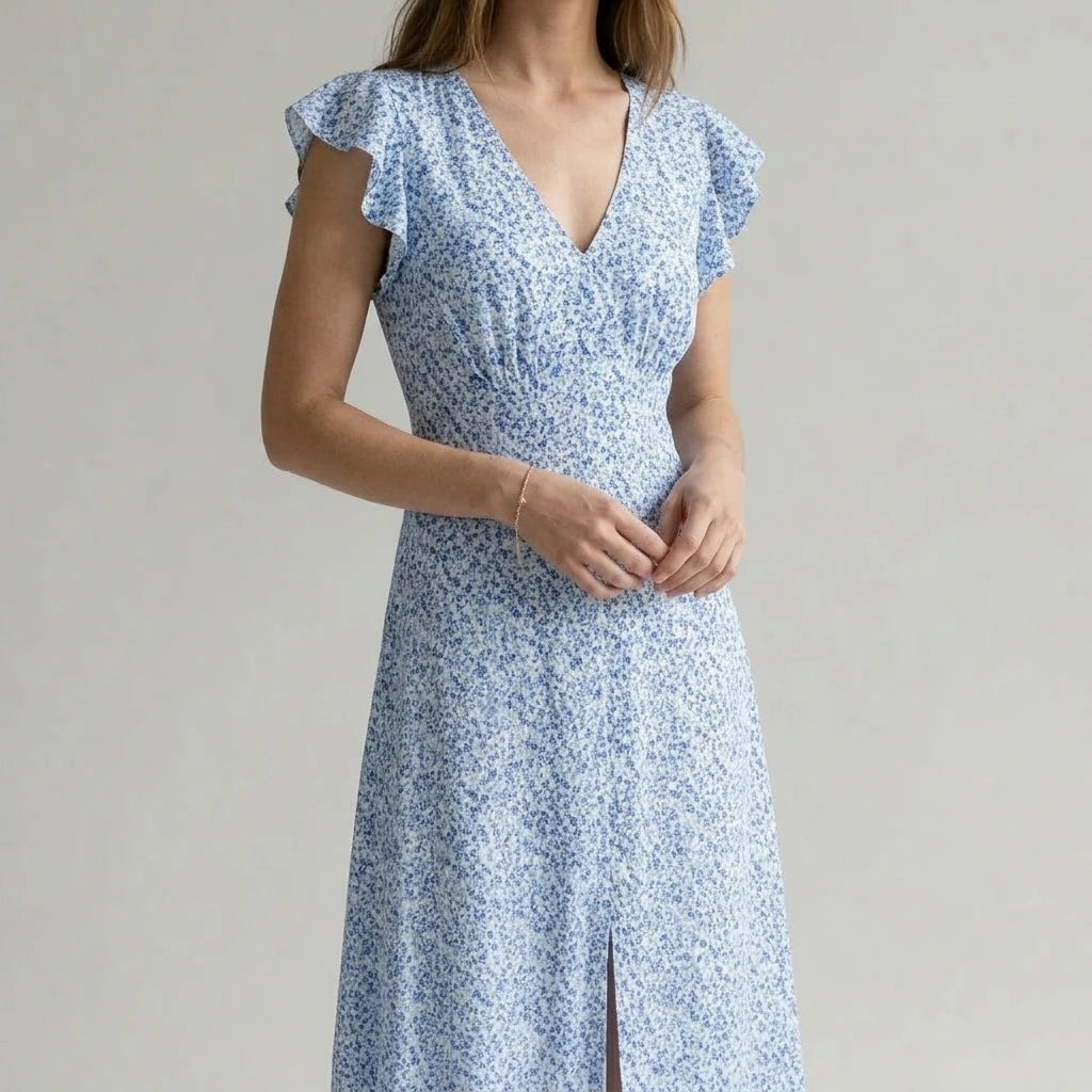 Stylish Floral V Neck Maxi Dress for Women, A-Line, Short Sleeve, Casual Daily Summer Wear, Medium Stretch Polyester, Blue — lifestyle