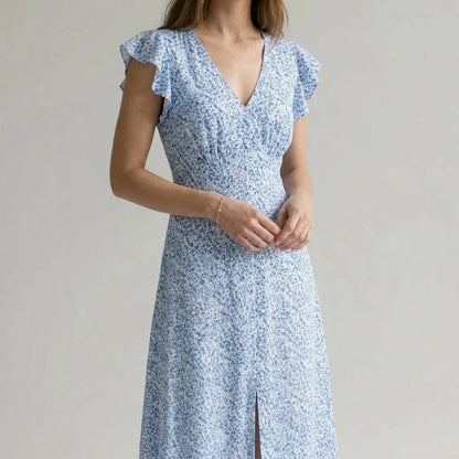 Stylish Floral V Neck Maxi Dress for Women, A-Line, Short Sleeve, Casual Daily Summer Wear, Medium Stretch Polyester, Blue — lifestyle