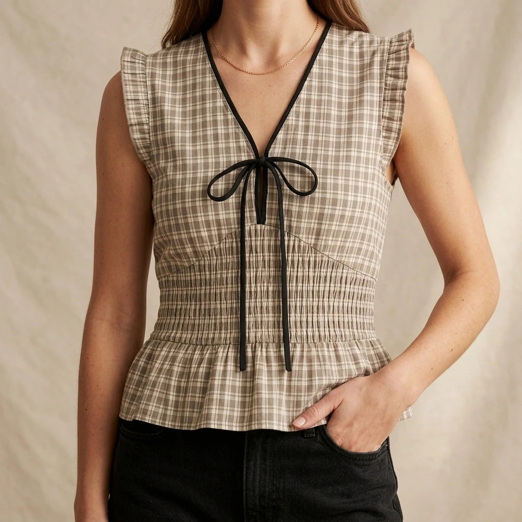 Retro Pleated Plaid Tank Top for Women, Ruched Shirred Ruffle, Sleeveless V Neck, Daily Workwear, 100% Cotton, Black, Summer — lifestyle