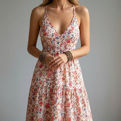 Pink Printed Camisole Long Dress Sleeveless Embroidered A-Line Elegant Summer Polyester — lifestyle