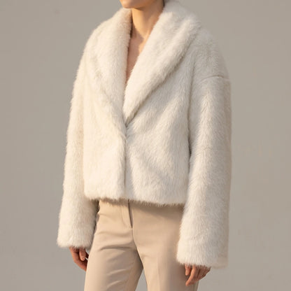 Street faux fur coat for autumn — lifestyle