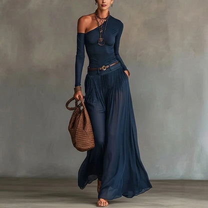 Navy Blue Asymmetrical Shoulder Long Sleeve Dress Set, Pleated Belted A-Line, Elegant Polyester, Spring — lifestyle