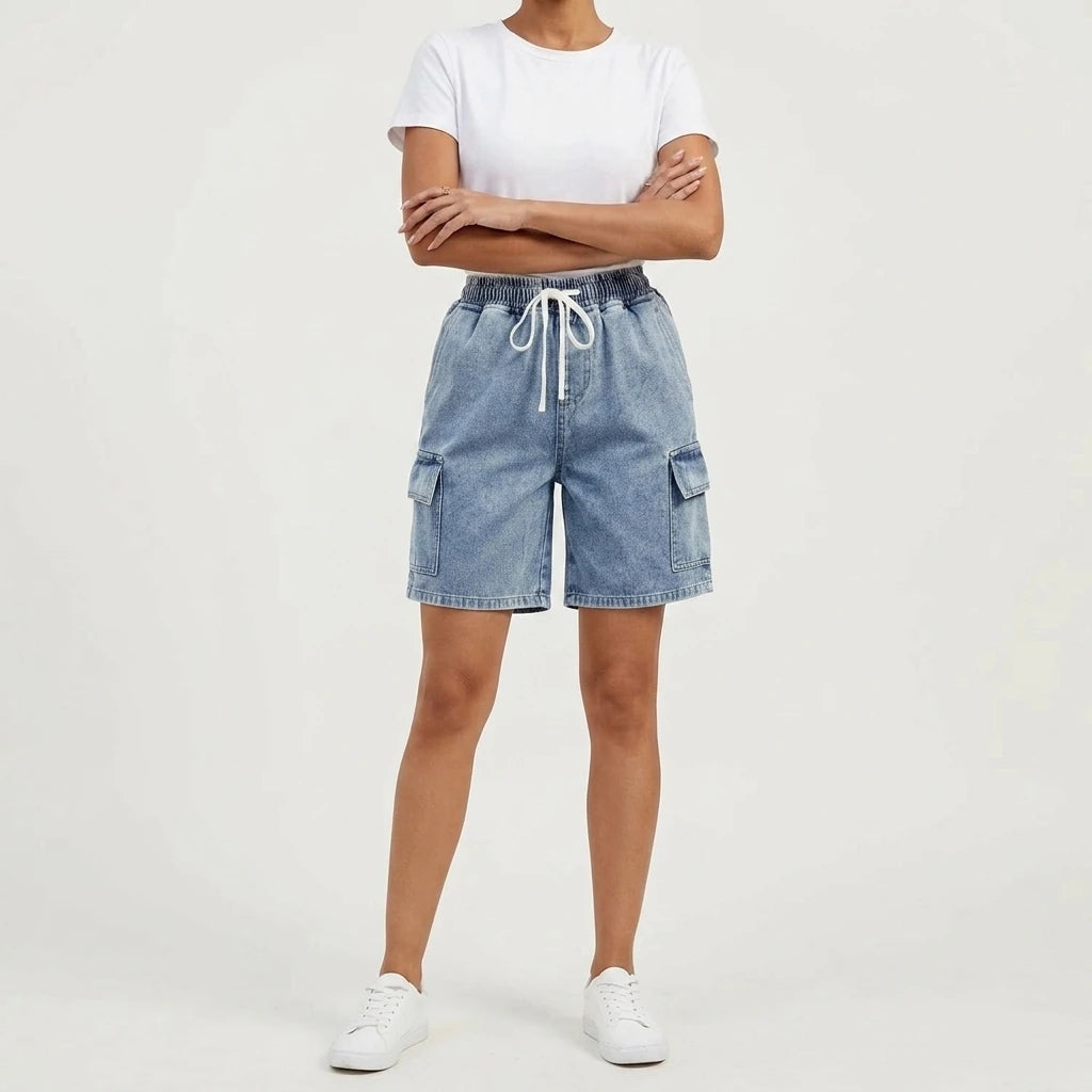 Drawstring Denim Shorts with Pockets — variant_front