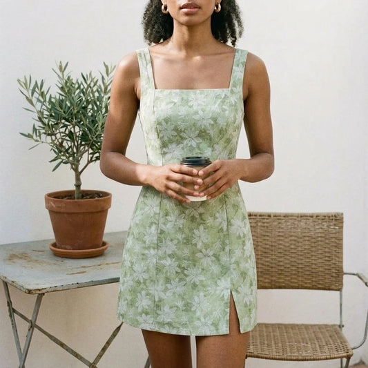 Chic Floral Skater Mini Dress for Women Formal Special Occasion A-Line Slit Square Neck Sleeveless Natural Waist Polyester Green Summer — lifestyle_lead