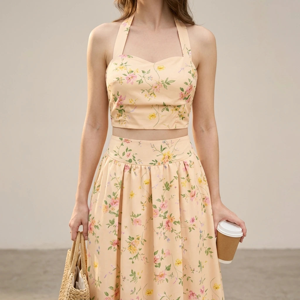 Effortless Floral Shirred Two Piece Skirt Set for Women Casual Daily Wear A-Line Elastic Waist Halter Sleeveless Midi Apricot Polyester Spring Summer — lifestyle